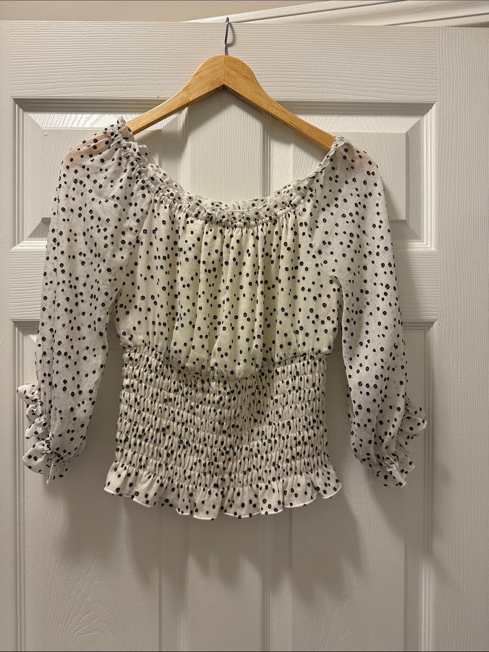 Anthropologie White Polka Dot Smocked Peasant Blouse
